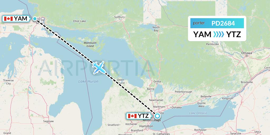 PD2684 Porter Airlines Flight Map: Sault Ste. Marie to Toronto