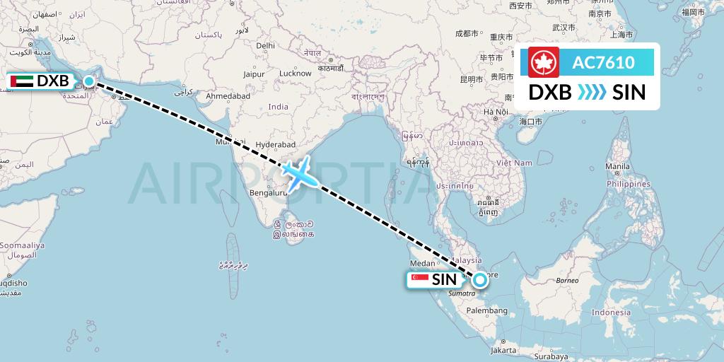 AC7610 Air Canada Flight Map: Dubai to Singapore