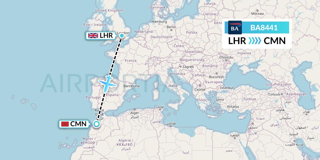 BA8441 British Airways Flight Map: London to Casablanca