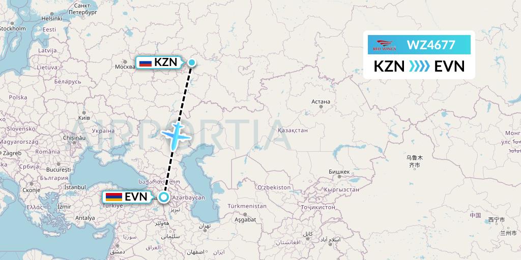 WZ4677 Red Wings Flight Map: Kazan to Yerevan