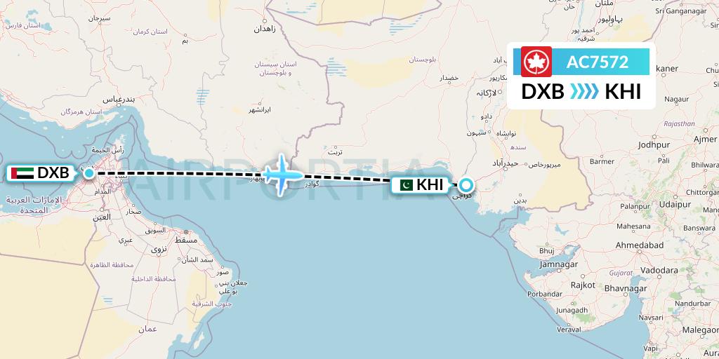 AC7572 Air Canada Flight Map: Dubai to Karachi