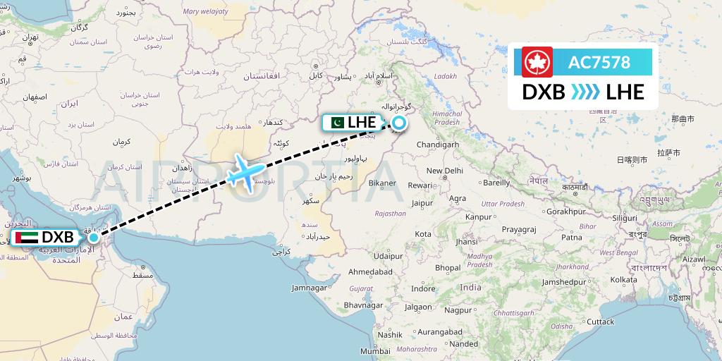 AC7578 Air Canada Flight Map: Dubai to Lahore