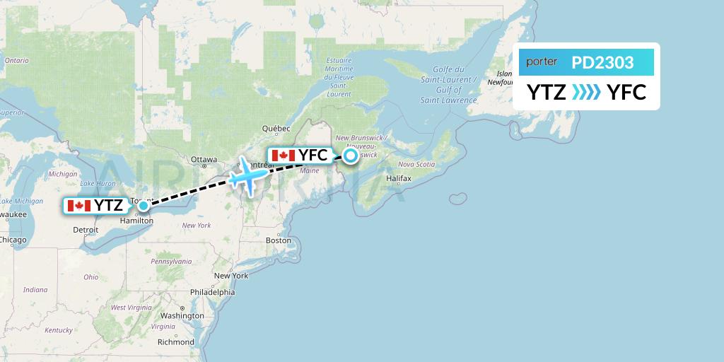 PD2303 Porter Airlines Flight Map: Toronto to Fredericton