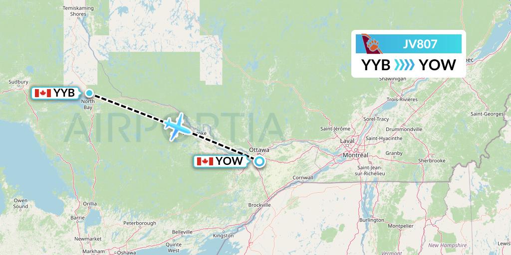 JV807 Bearskin Airlines Flight Map: North Bay to Ottawa