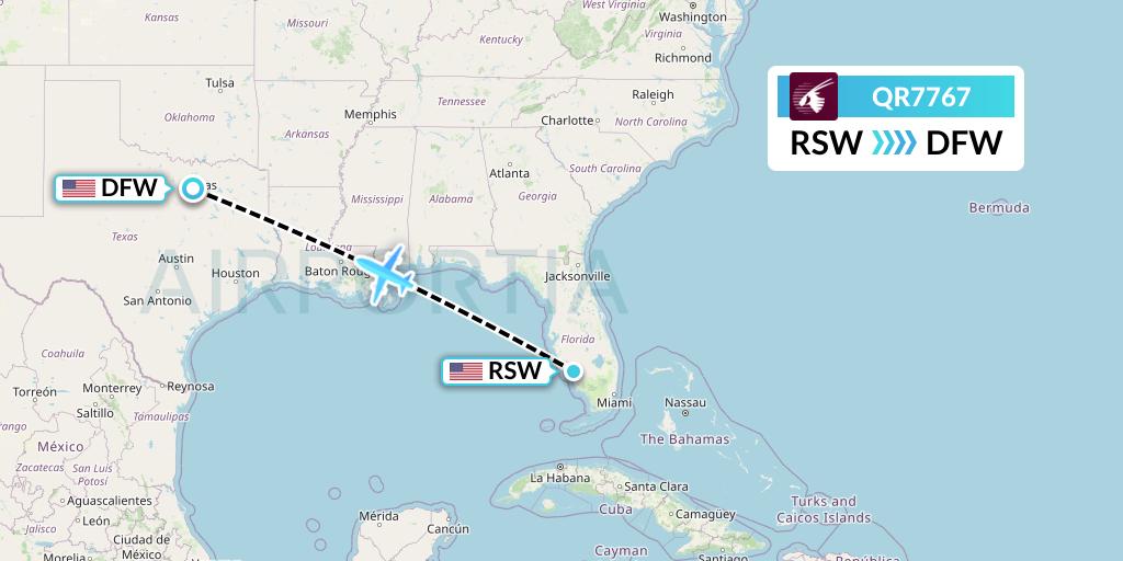 QR7767 Qatar Airways Flight Map: Fort Myers to Dallas