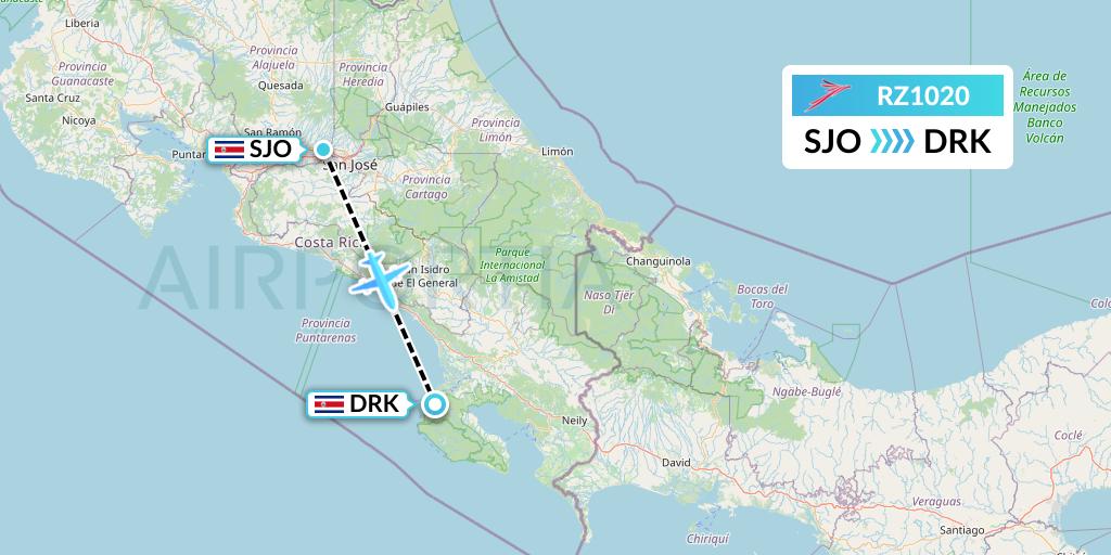 RZ1020 Sansa Airlines Flight Map: San Jose to Agujitas de Drake
