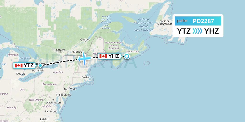 PD2287 Porter Airlines Flight Map: Toronto to Halifax