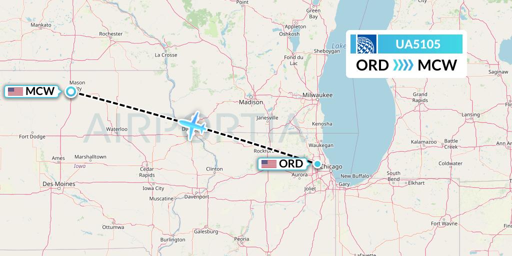 UA5105 United Airlines Flight Map: Chicago to Mason City
