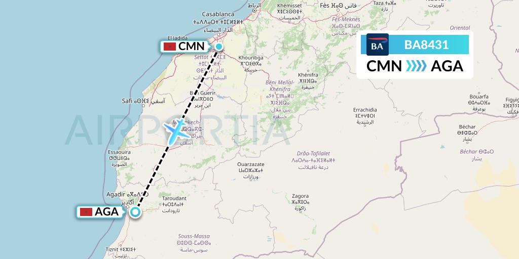 BA8431 British Airways Flight Map: Casablanca to Agadir