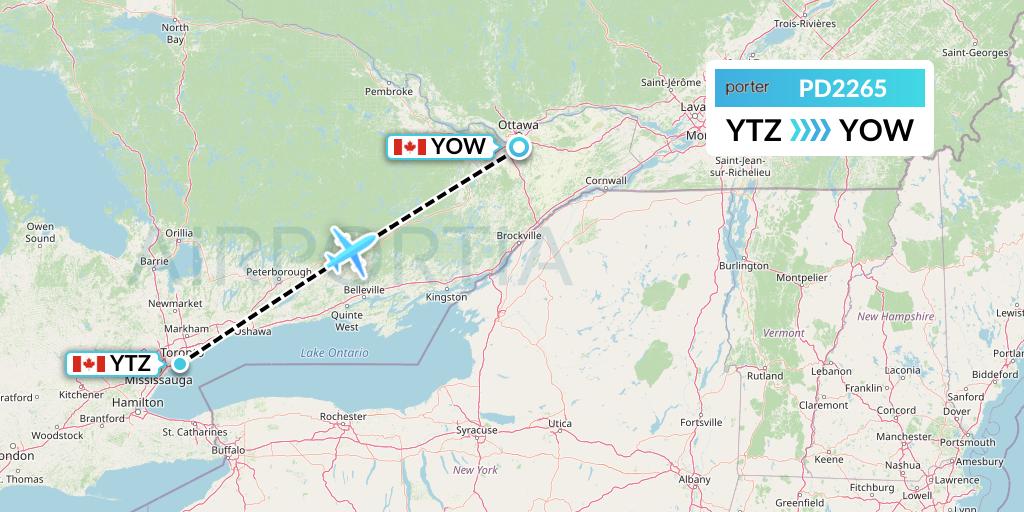 PD2265 Porter Airlines Flight Map: Toronto to Ottawa