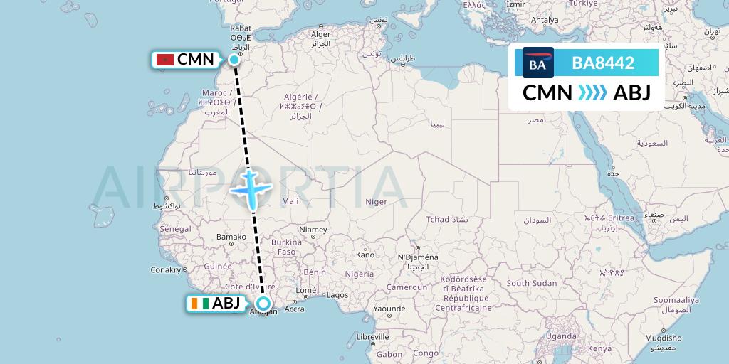 BA8442 British Airways Flight Map: Casablanca to Abidjan