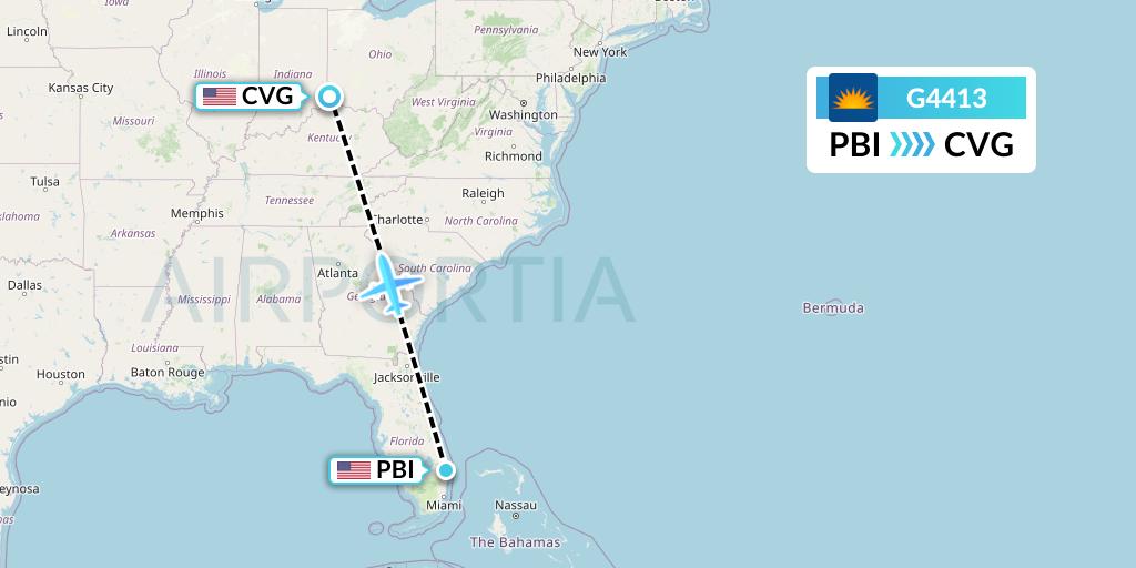 G4413 Allegiant Air Flight Map: West Palm Beach to Cincinnati