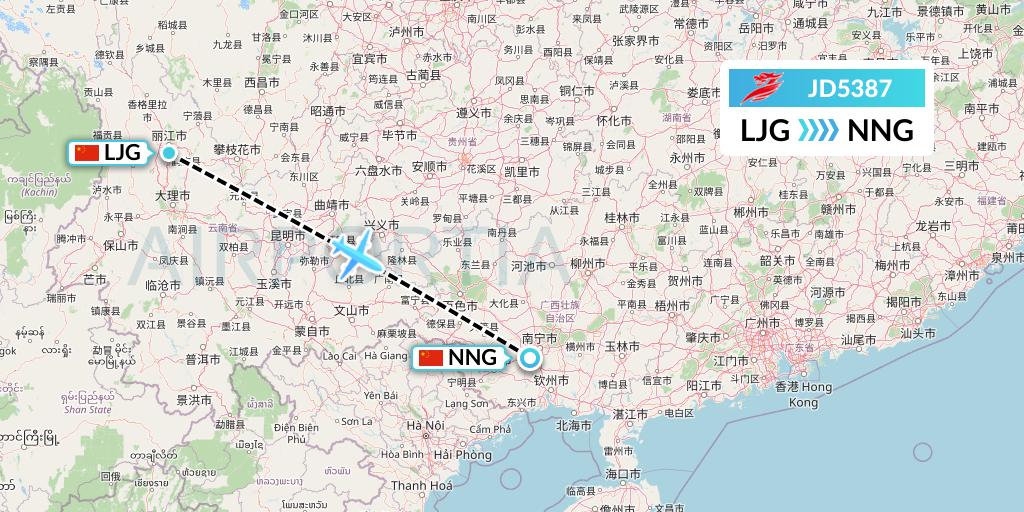 JD5387 Capital Airlines Flight Map: Lijiang to Nanning
