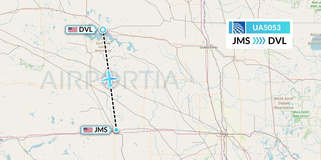 UA5053 United Airlines Flight Map: Jamestown to Devils Lake