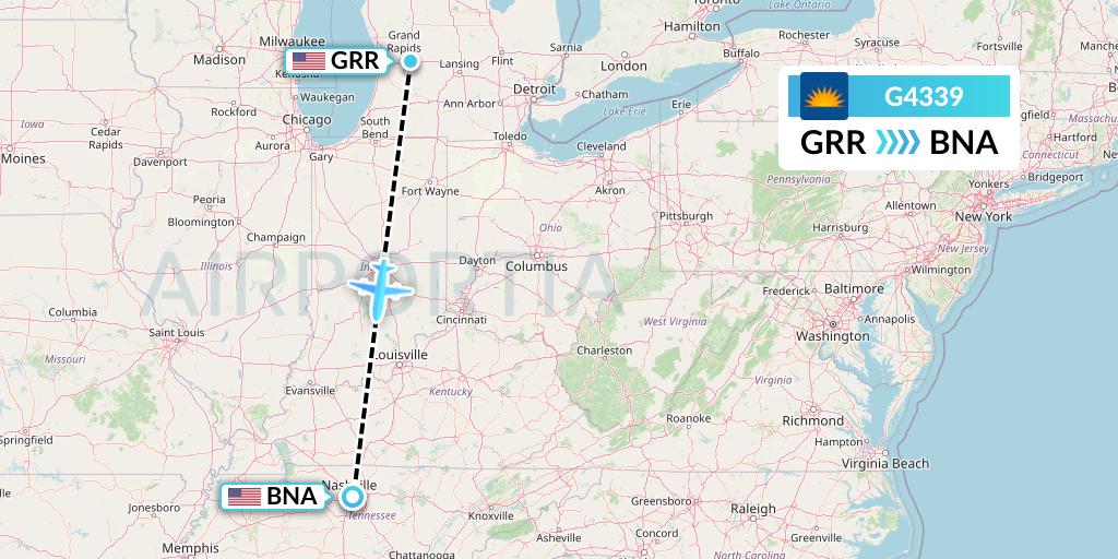 G4339 Allegiant Air Flight Map: Grand Rapids to Nashville