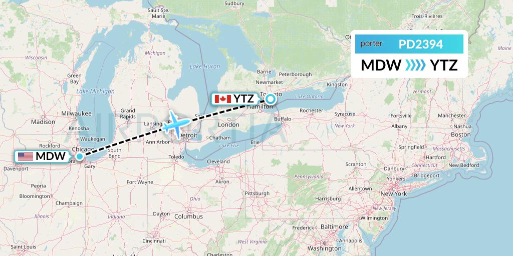 PD2394 Porter Airlines Flight Map: Chicago to Toronto
