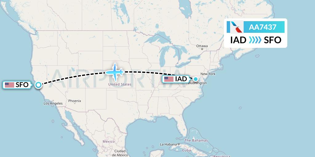 AA7437 American Airlines Flight Map: Washington to San Francisco