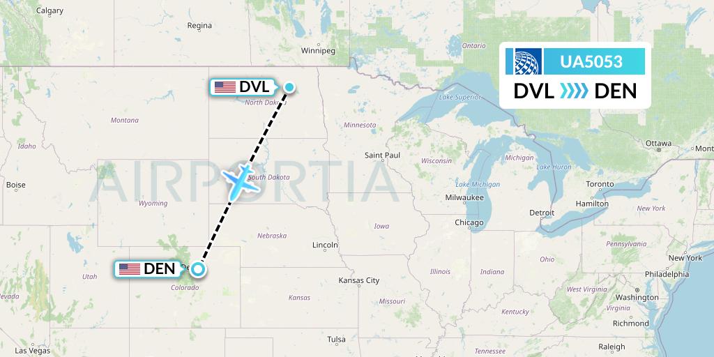 UA5053 United Airlines Flight Map: Devils Lake to Denver