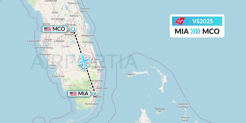 VS2025 Virgin Atlantic Airways Flight Map: Miami to Orlando