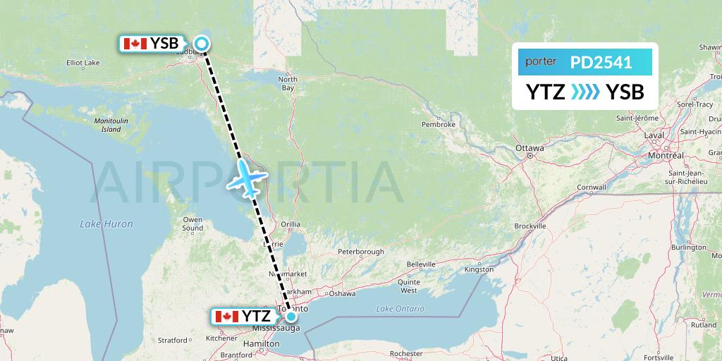 PD2541 Porter Airlines Flight Map: Toronto to Sudbury