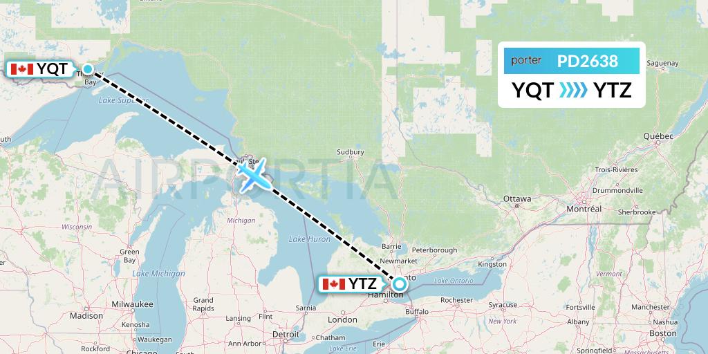 PD2638 Porter Airlines Flight Map: Thunder Bay to Toronto
