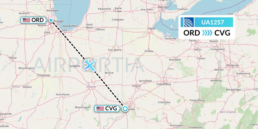 UA1257 United Airlines Flight Map: Chicago to Cincinnati
