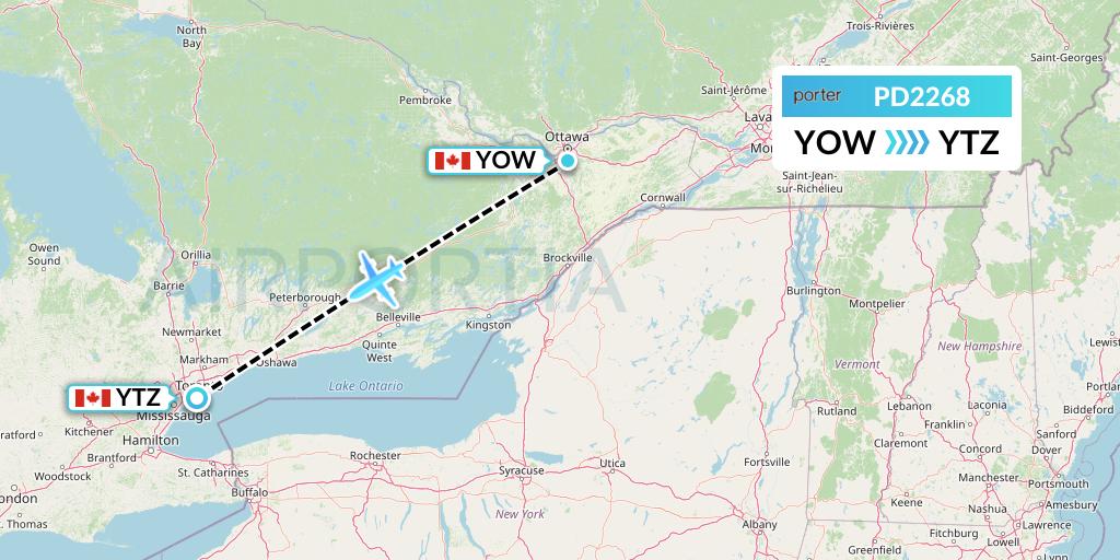PD2268 Porter Airlines Flight Map: Ottawa to Toronto