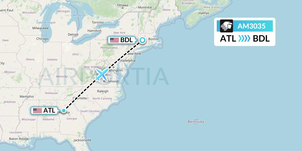 AM3035 Aeromexico Flight Map: Atlanta to Windsor Locks
