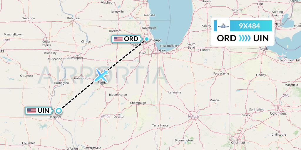 9X484 Southern Airways Express Flight Map: Chicago to Quincy