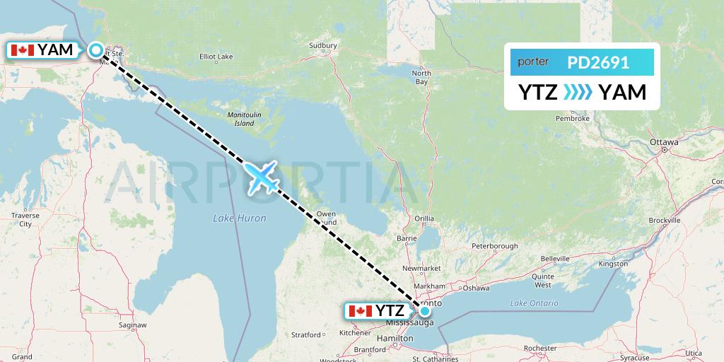 PD2691 Porter Airlines Flight Map: Toronto to Sault Ste. Marie