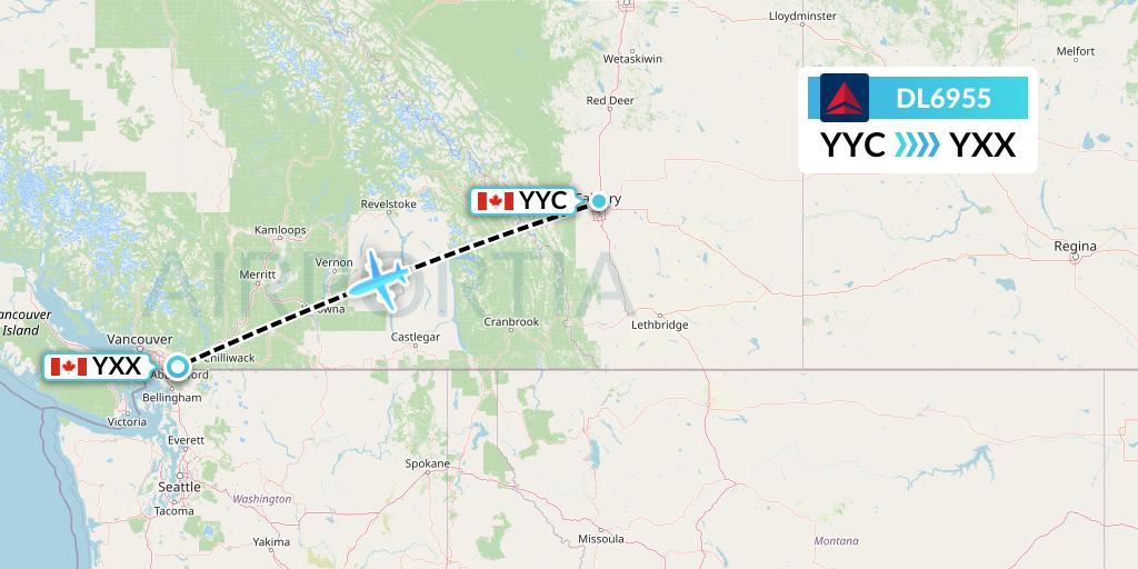DL6955 Delta Air Lines Flight Map: Calgary to Abbotsford