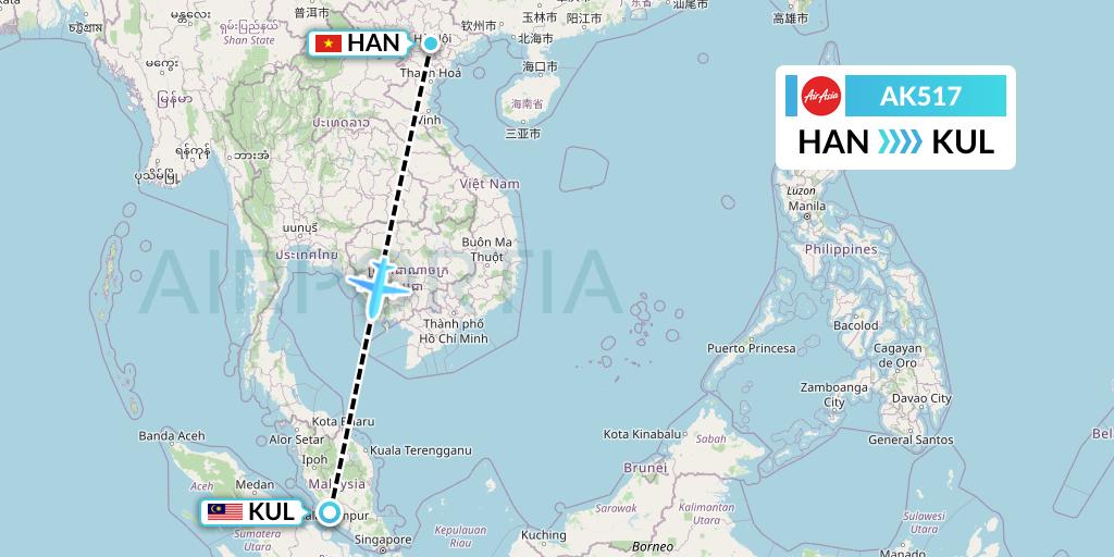 AK517 AirAsia Flight Map: Hanoi to Kuala Lumpur