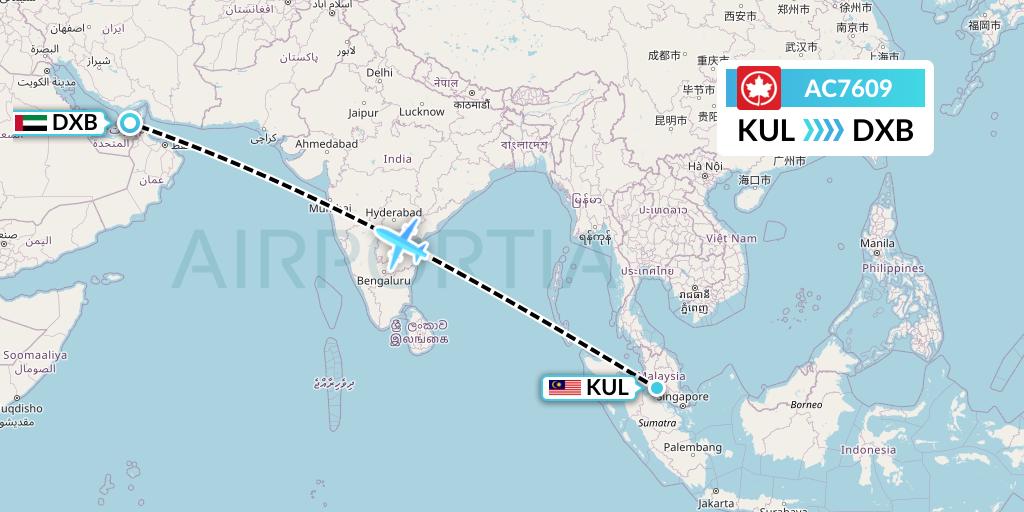 AC7609 Air Canada Flight Map: Kuala Lumpur to Dubai