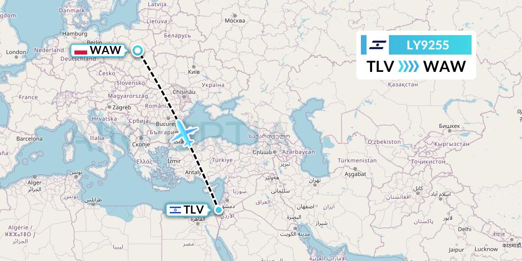 LY9255 El Al Flight Map: Tel Aviv to Warsaw