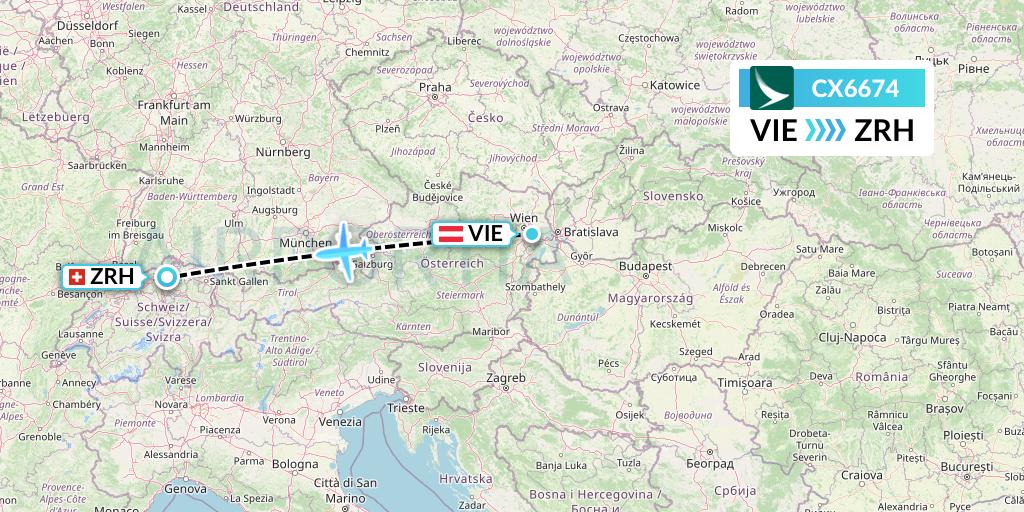 CX6674 Cathay Pacific Flight Map: Vienna to Zurich