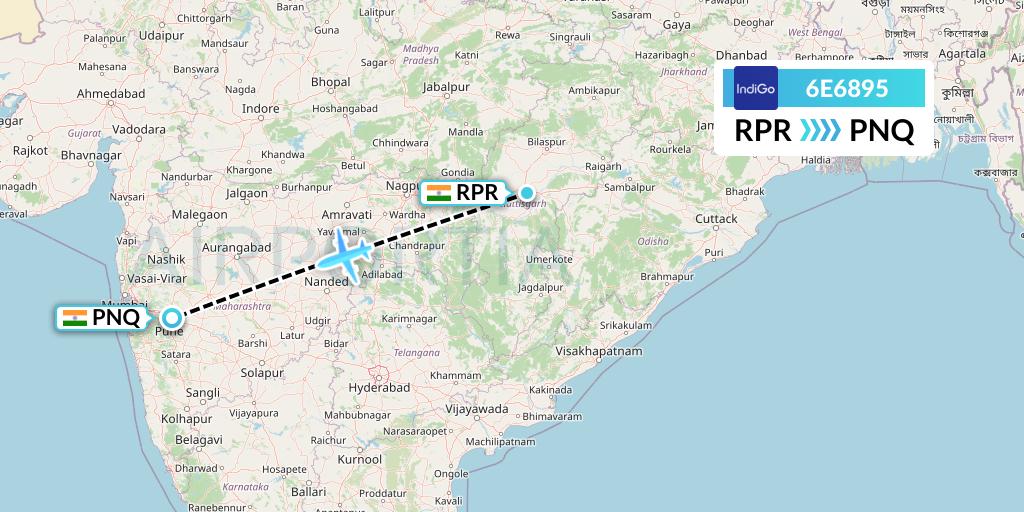 6E6895 IndiGo Airlines Flight Map: Raipur to Pune