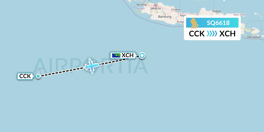 SQ6618 Singapore Airlines Flight Map: Cocos Islands to Christmas Island