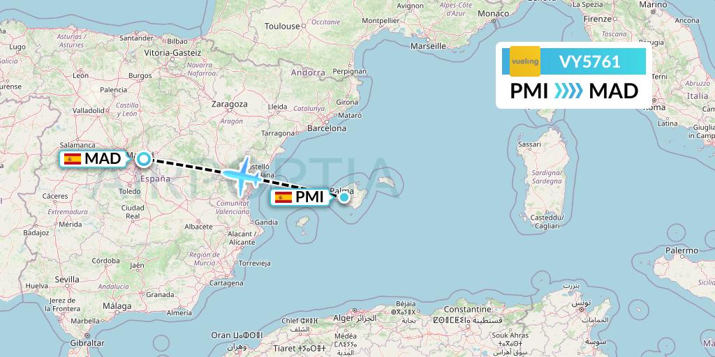 VY5761 Vueling Flight Map: Palma de Mallorca to Madrid