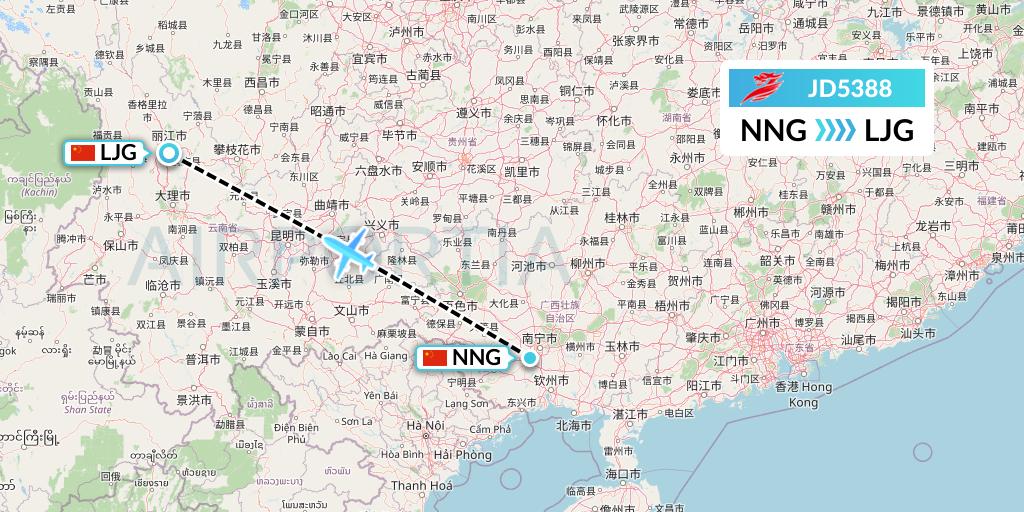 JD5388 Capital Airlines Flight Map: Nanning to Lijiang
