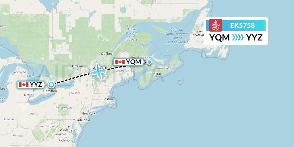 EK5758 Emirates Flight Map: Moncton to Toronto