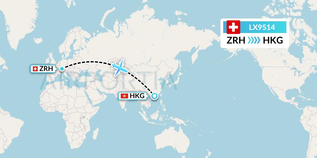 LX9514 Swiss Flight Map: Zurich to Hong Kong