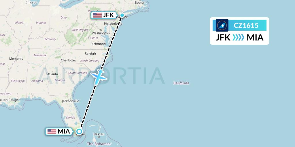 CZ1615 China Southern Airlines Flight Map: New York to Miami