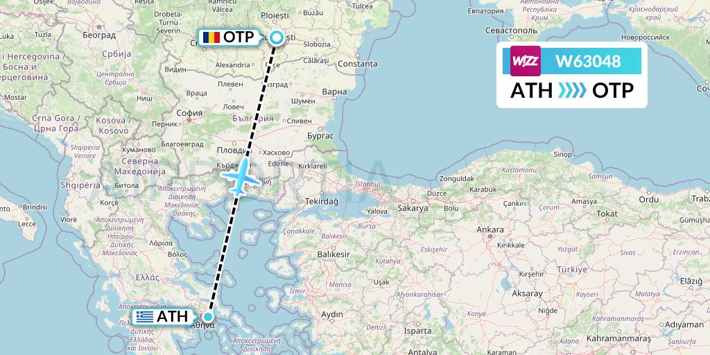 W63048 Wizz Air Flight Map: Athens to Bucharest