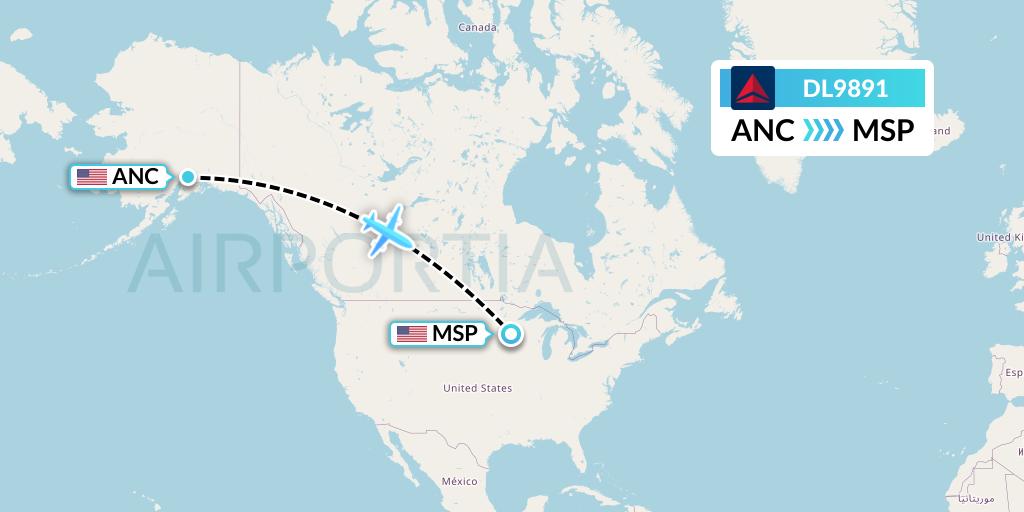 DL9891 Delta Air Lines Flight Map: Anchorage to Minneapolis