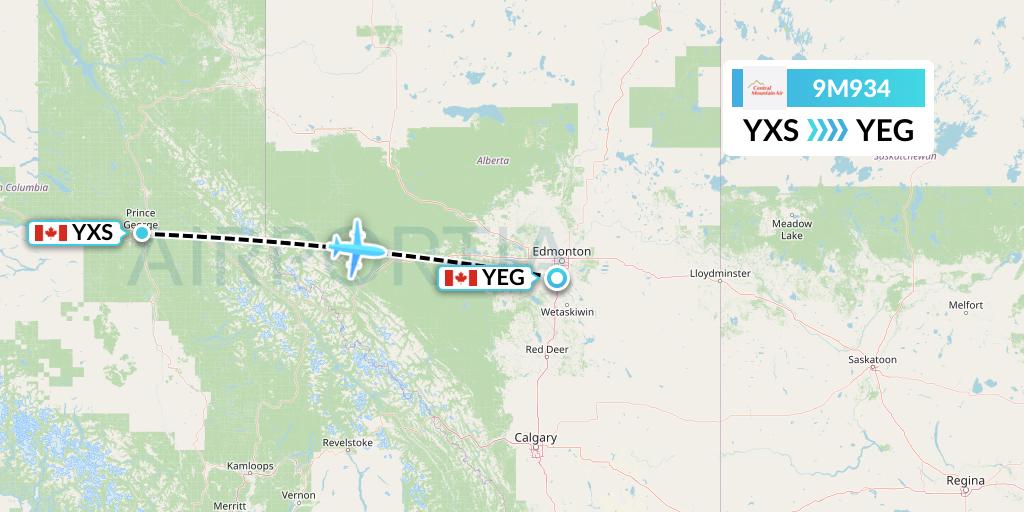 9M934 Central Mountain Air Flight Map: Prince George to Edmonton