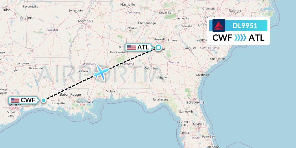 DL9951 Delta Air Lines Flight Map: Lake Charles to Atlanta