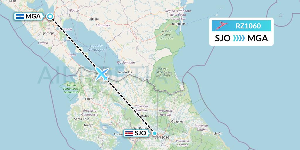 RZ1060 Sansa Airlines Flight Map: San Jose to Managua