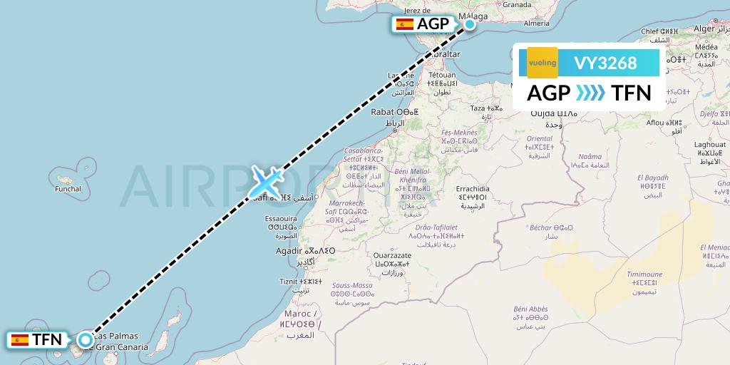 VY3268 Vueling Flight Map: Malaga to Tenerife