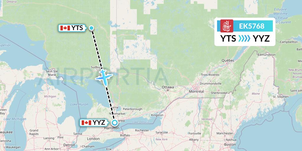 EK5768 Emirates Flight Map: Timmins to Toronto