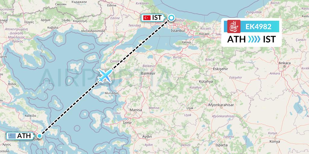 EK4982 Emirates Flight Map: Athens to Istanbul
